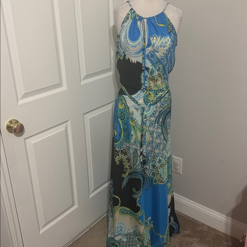 Cache blue and green patterned open shoulders long flowly dress, size M
